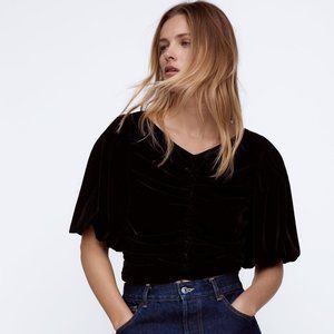 Zara Black Velvet Cropped Top, Size M